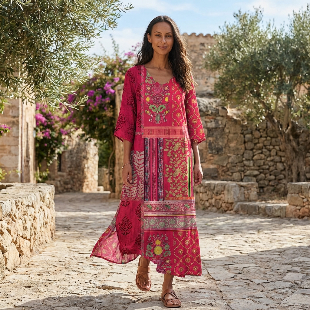 midi dress loose fit Cotton Midi Dress Stripe Hand Block Print