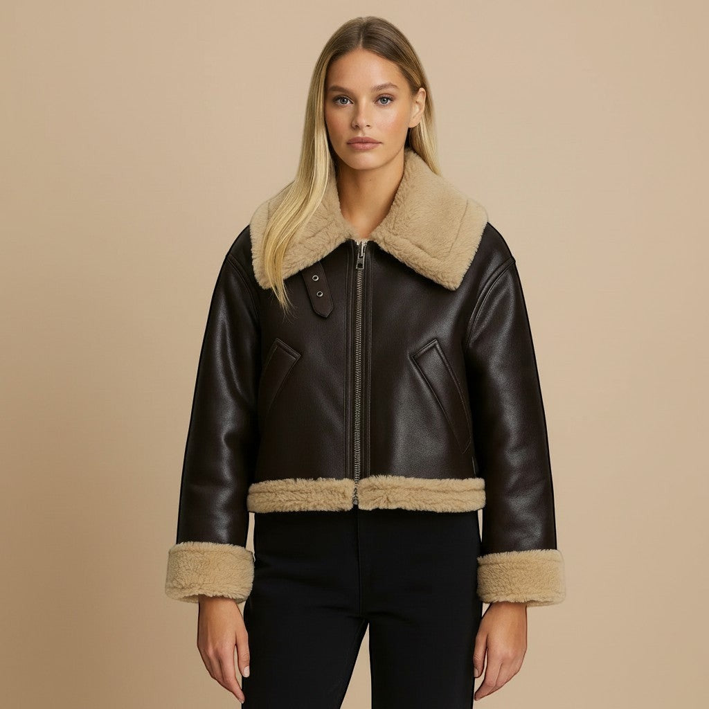 Faux Leather Shearling Trim Zip Front Jacket | Azuelle – Selara-studio