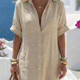 Women's Button Front Linen Shirt Maxi Dress