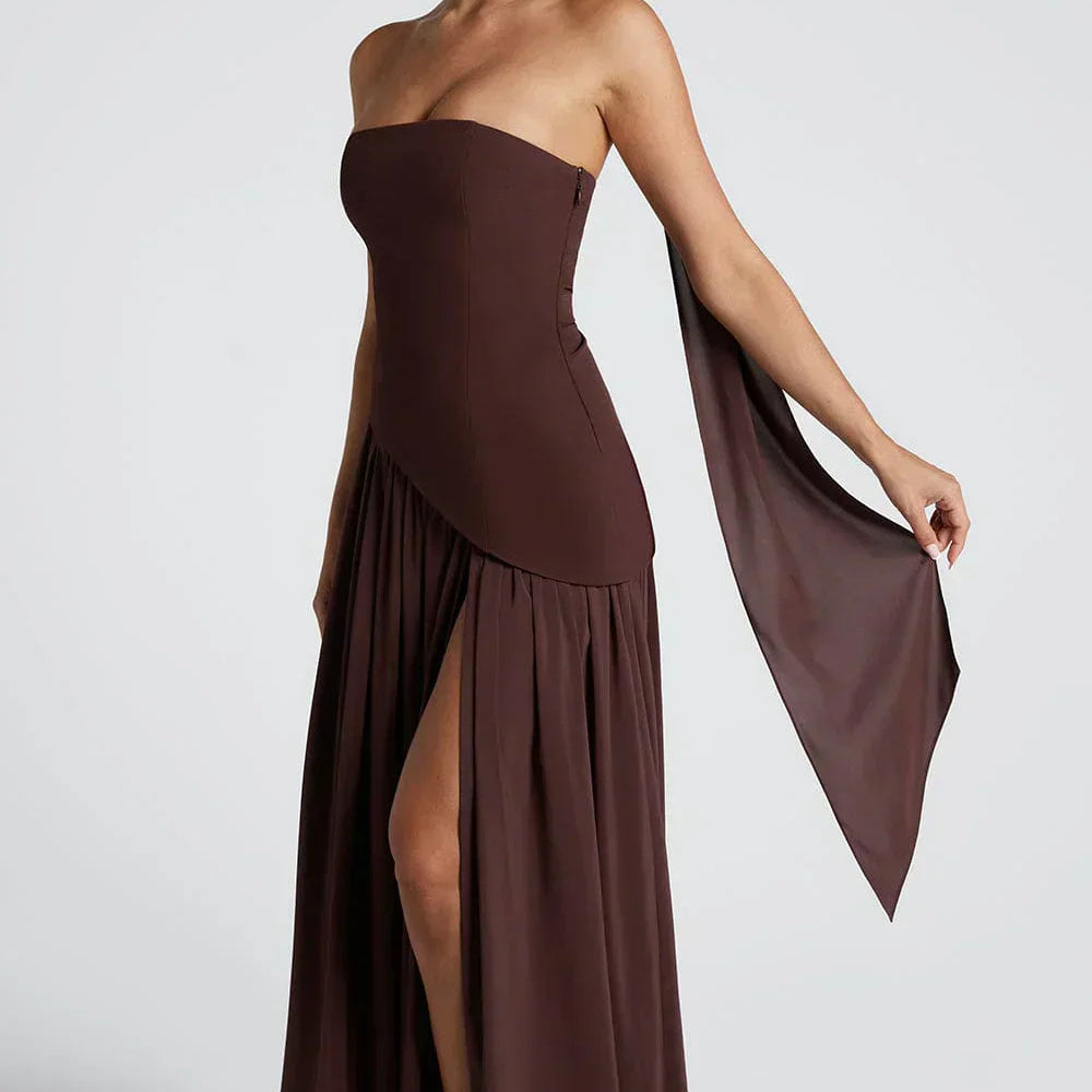Strapless High Slit Maxi Dress with Asymmetric Hem