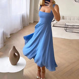 Square Neck Midi Dress with Flowy A Line Skirt