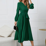 Long Sleeve Pleated Midi Dress with Waist Tie