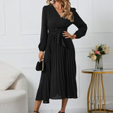 Long Sleeve Pleated Midi Dress with Waist Tie