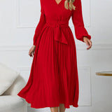 Long Sleeve Pleated Midi Dress with Waist Tie