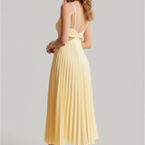 Pleated V Neck Midi Dress with Flowy Skirt