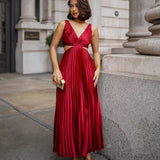 Pleated V Neck Midi Dress with Flowy Skirt