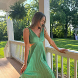 Pleated V Neck Midi Dress with Flowy Skirt