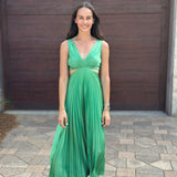 Pleated V Neck Midi Dress with Flowy Skirt