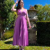 Pleated V Neck Midi Dress with Flowy Skirt