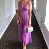 Pleated V Neck Midi Dress with Flowy Skirt