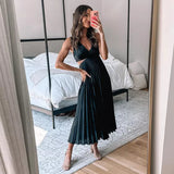 Pleated V Neck Midi Dress with Flowy Skirt