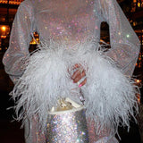 Sequin Feather Mini Dress with Long Sleeves and Sheer Detail