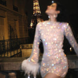 Sequin Feather Mini Dress with Long Sleeves and Sheer Detail