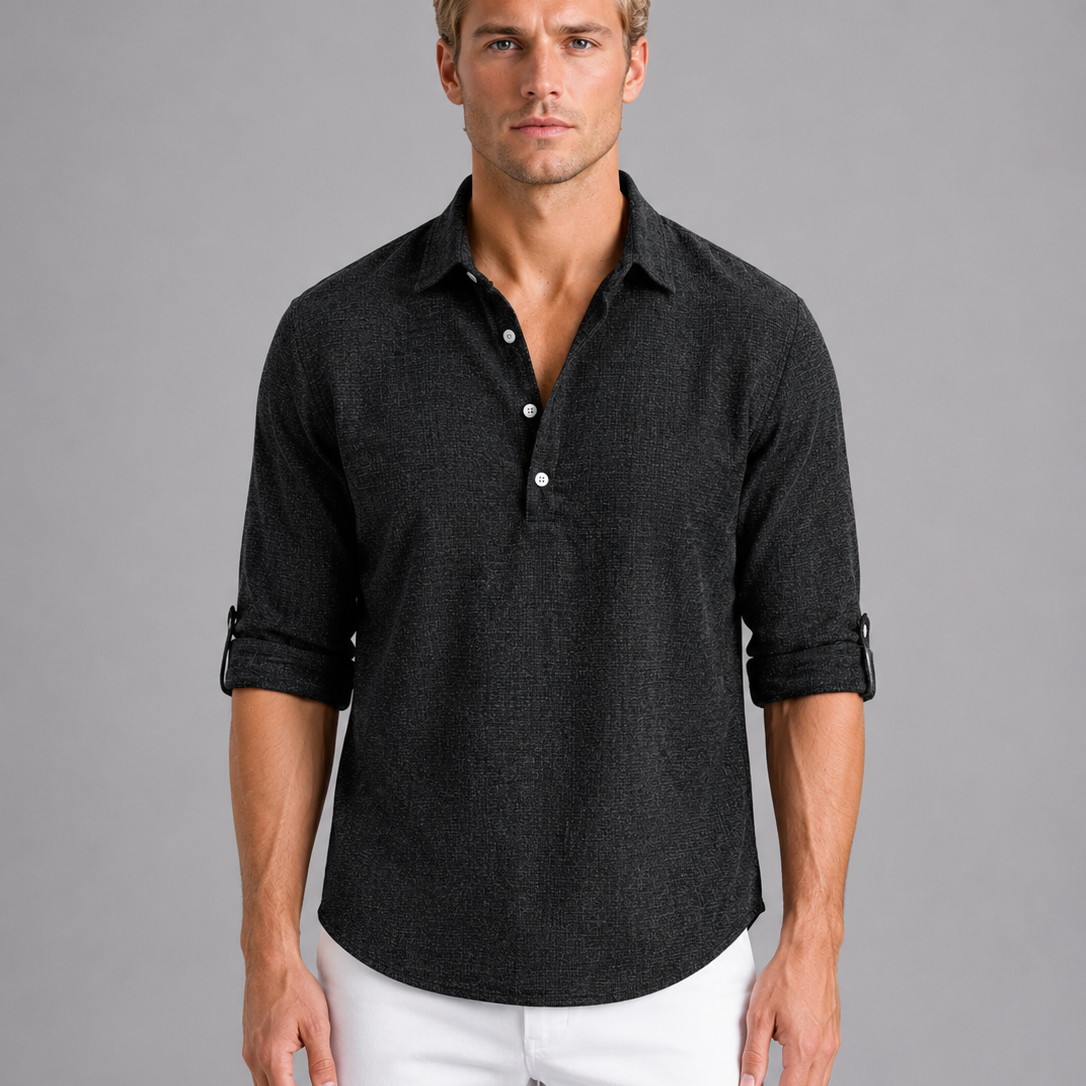 Men's Linen Blend Long Sleeve Polo Shirt