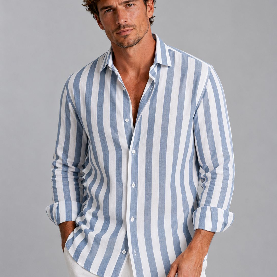 Men's Striped Linen Blend Button-Up Shirt