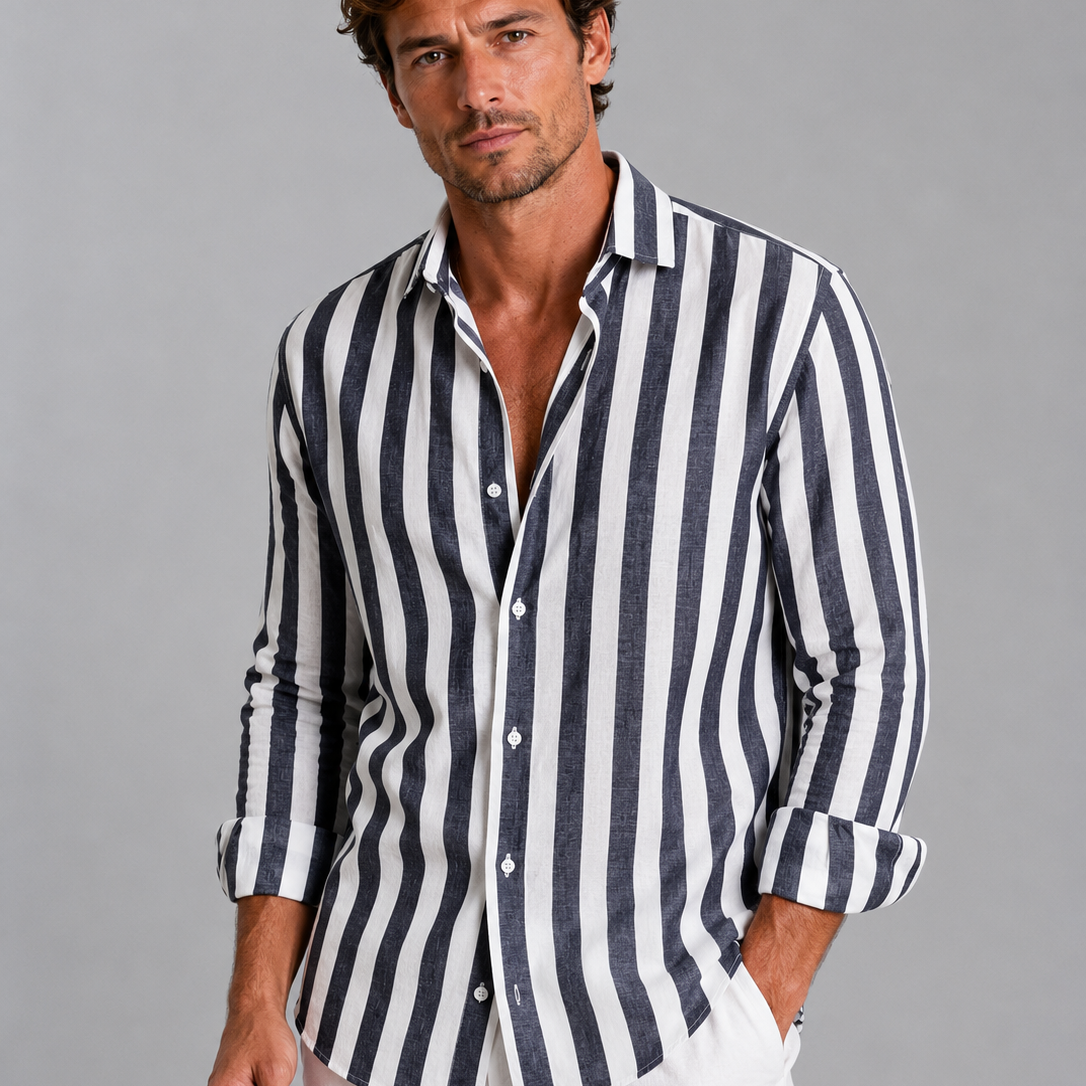 Men's Striped Linen Blend Button-Up Shirt