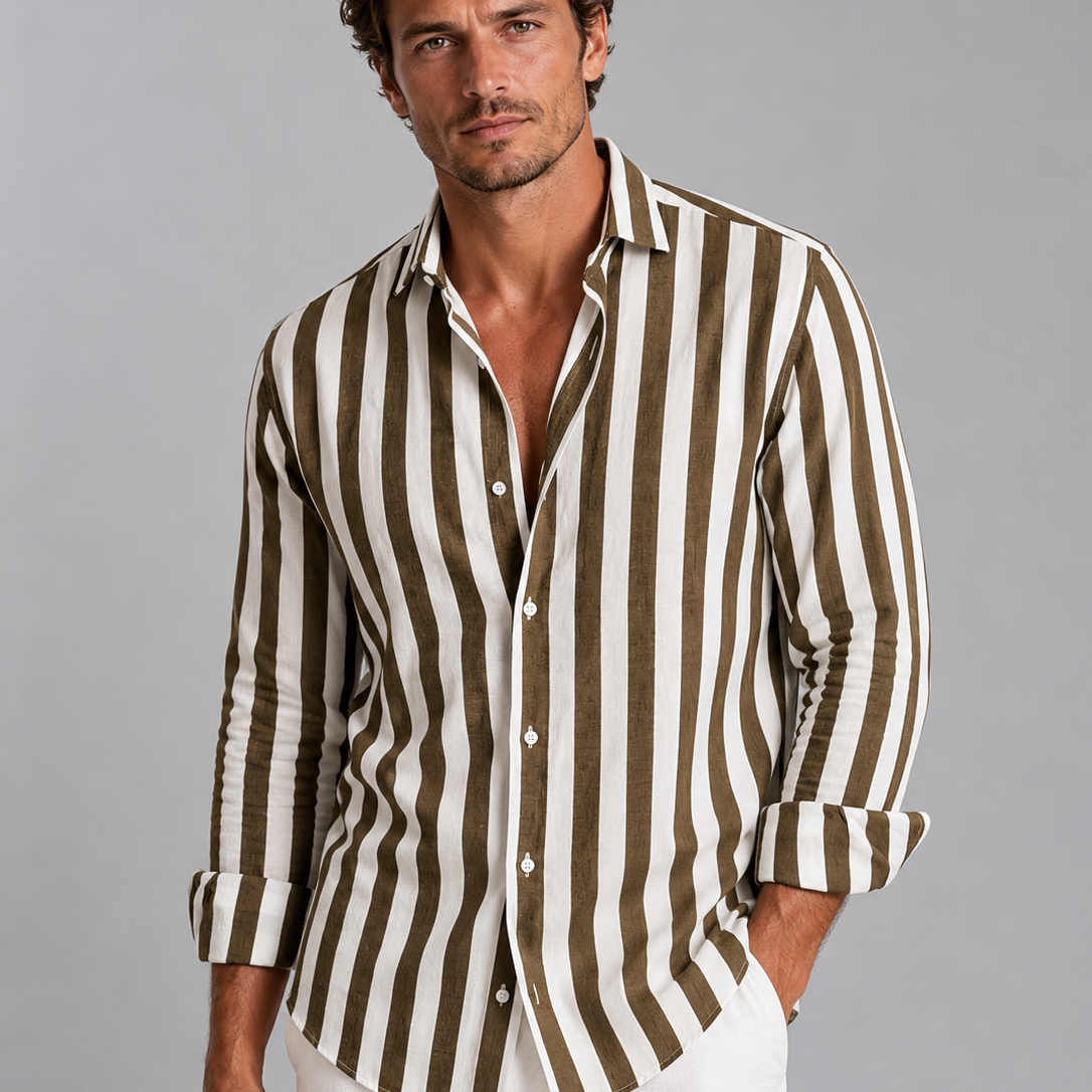 Men's Striped Linen Blend Button-Up Shirt