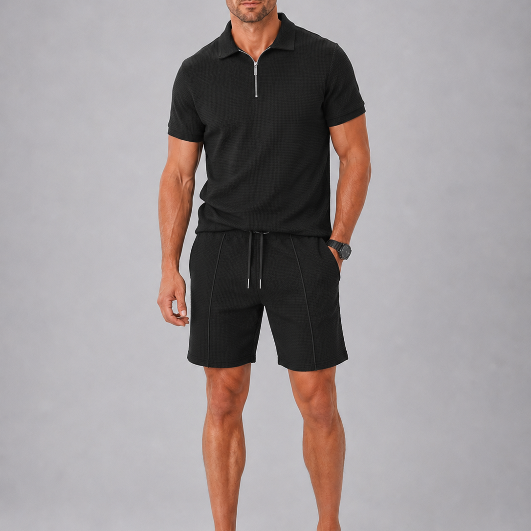 Men's Textured Zip Polo Shirt and Shorts Set