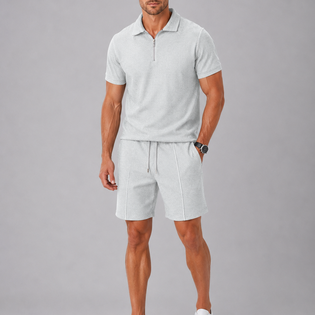 Men's Textured Zip Polo Shirt and Shorts Set