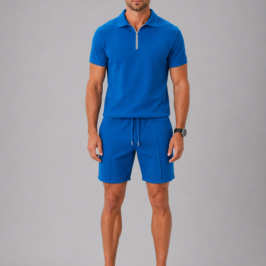 Men's Textured Zip Polo Shirt and Shorts Set