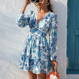 Floral Long Sleeve Mini Dress with V Neck and Flowy Skirt