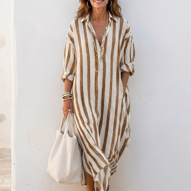 Women's Striped Linen Shirt Maxi Dress