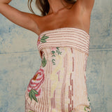 Strapless Floral Mini Dress with Pleated Fit
