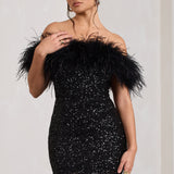 Off Shoulder Sequin Mini Dress with Feather Trim