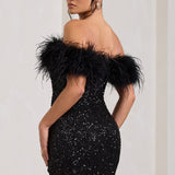 Off Shoulder Sequin Mini Dress with Feather Trim