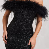 Off Shoulder Sequin Mini Dress with Feather Trim