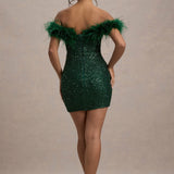 Off Shoulder Sequin Mini Dress with Feather Trim