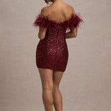 Off Shoulder Sequin Mini Dress with Feather Trim