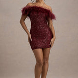 Off Shoulder Sequin Mini Dress with Feather Trim