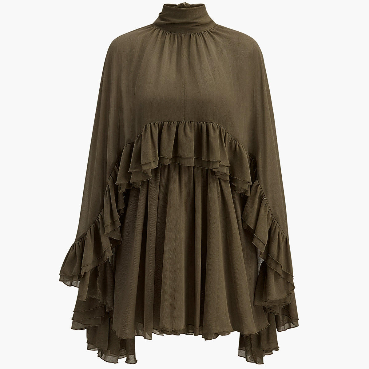 Ruffle Chiffon Mini Dress with High Neck and Layered Fit