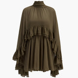 Ruffle Chiffon Mini Dress with High Neck and Layered Fit