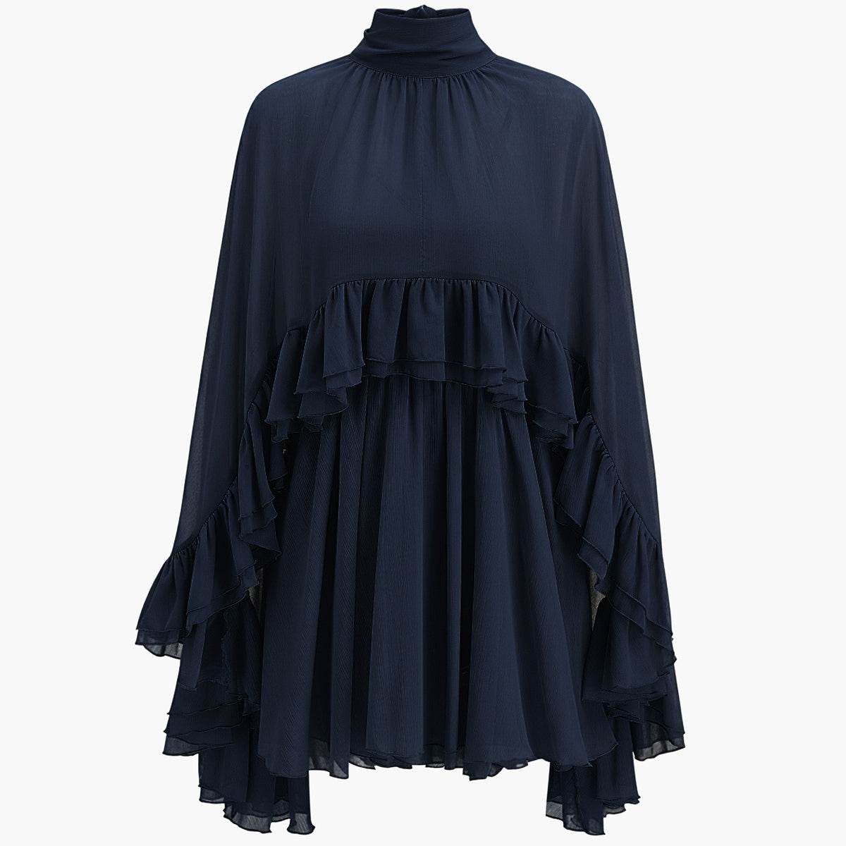 Ruffle Chiffon Mini Dress with High Neck and Layered Fit