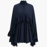 Ruffle Chiffon Mini Dress with High Neck and Layered Fit