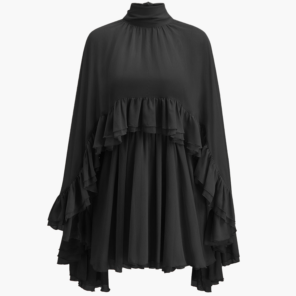 Ruffle Chiffon Mini Dress with High Neck and Layered Fit
