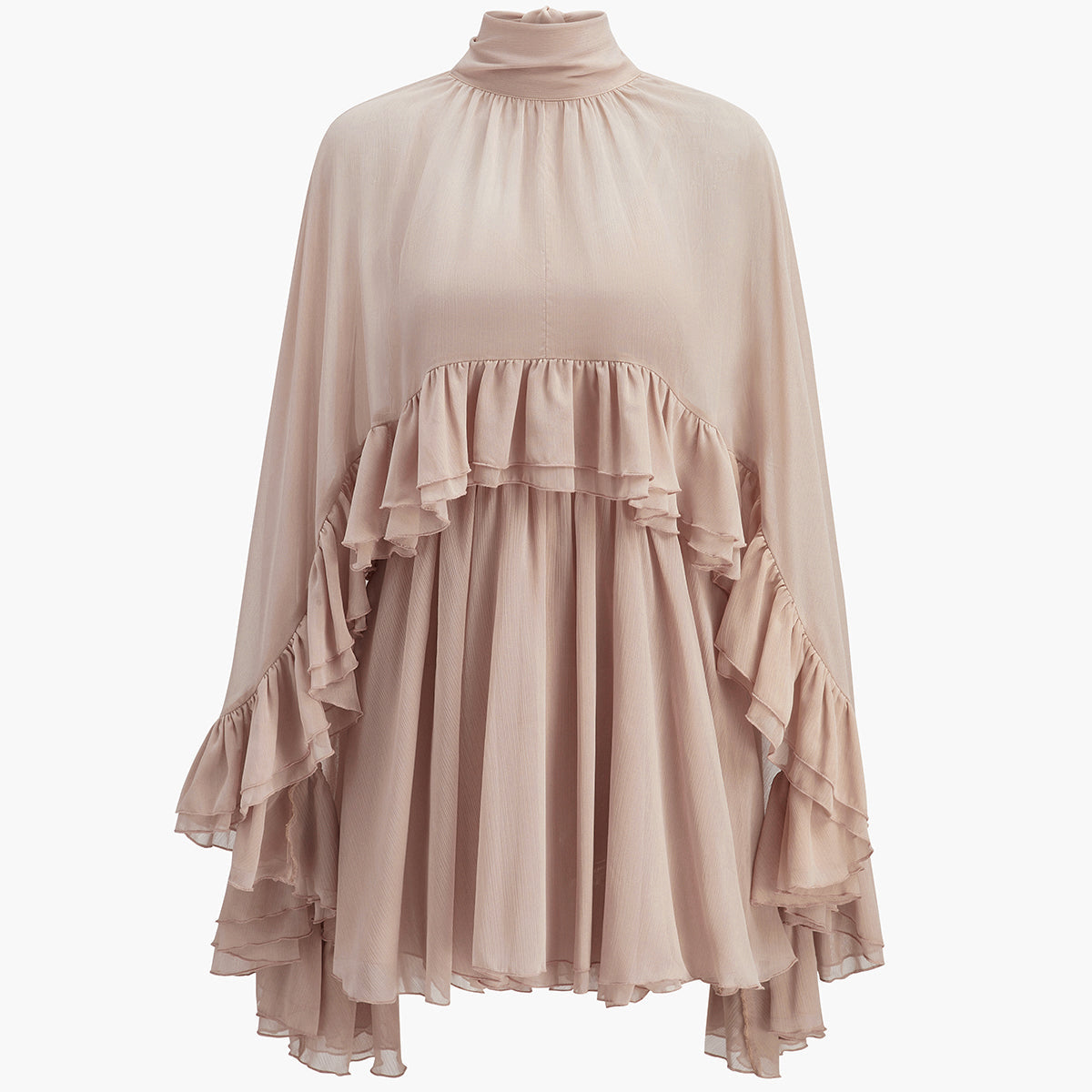 Ruffle Chiffon Mini Dress with High Neck and Layered Fit