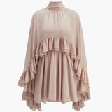 Ruffle Chiffon Mini Dress with High Neck and Layered Fit