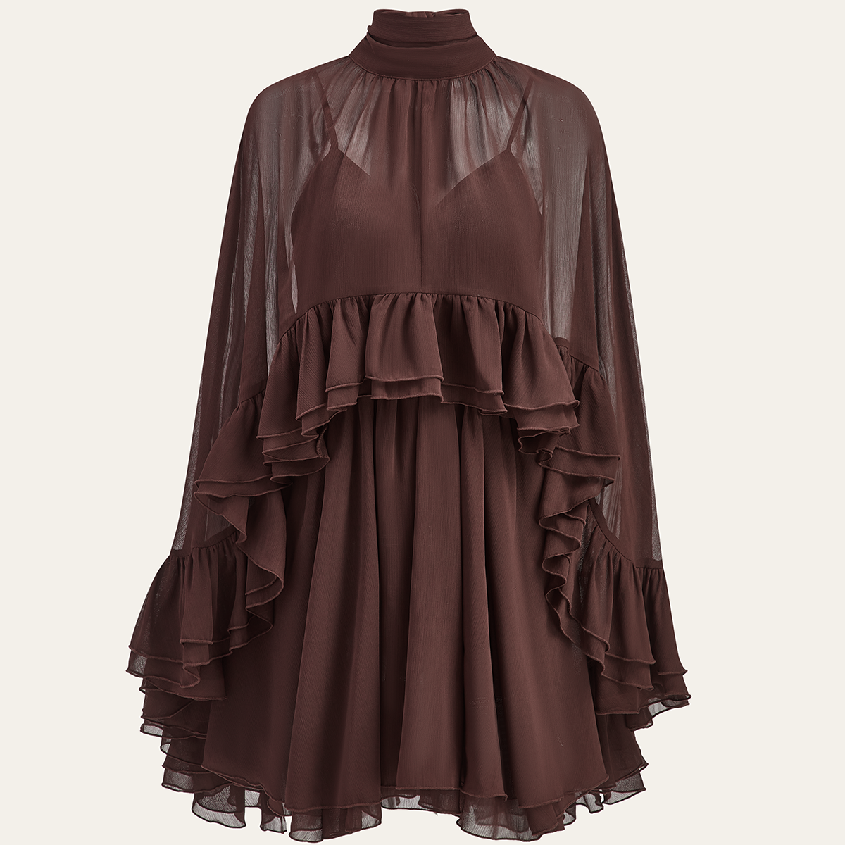 Ruffle Chiffon Mini Dress with High Neck and Layered Fit