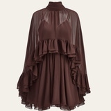 Ruffle Chiffon Mini Dress with High Neck and Layered Fit