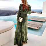 Boho Long Sleeve Maxi Dress with Deep V Neck