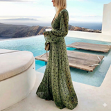 Boho Long Sleeve Maxi Dress with Deep V Neck