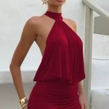 Halter Neck Mini Dress with Draped Top and Bodycon Fit