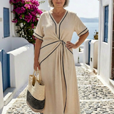Women's Contrast Trim V-Neck Maxi Dress with Pockets