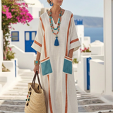 Women's Contrast Trim V-Neck Maxi Dress with Pockets