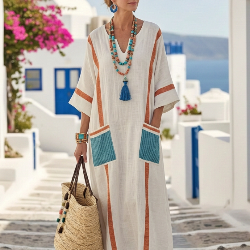 Women's Contrast Trim V-Neck Maxi Dress with Pockets