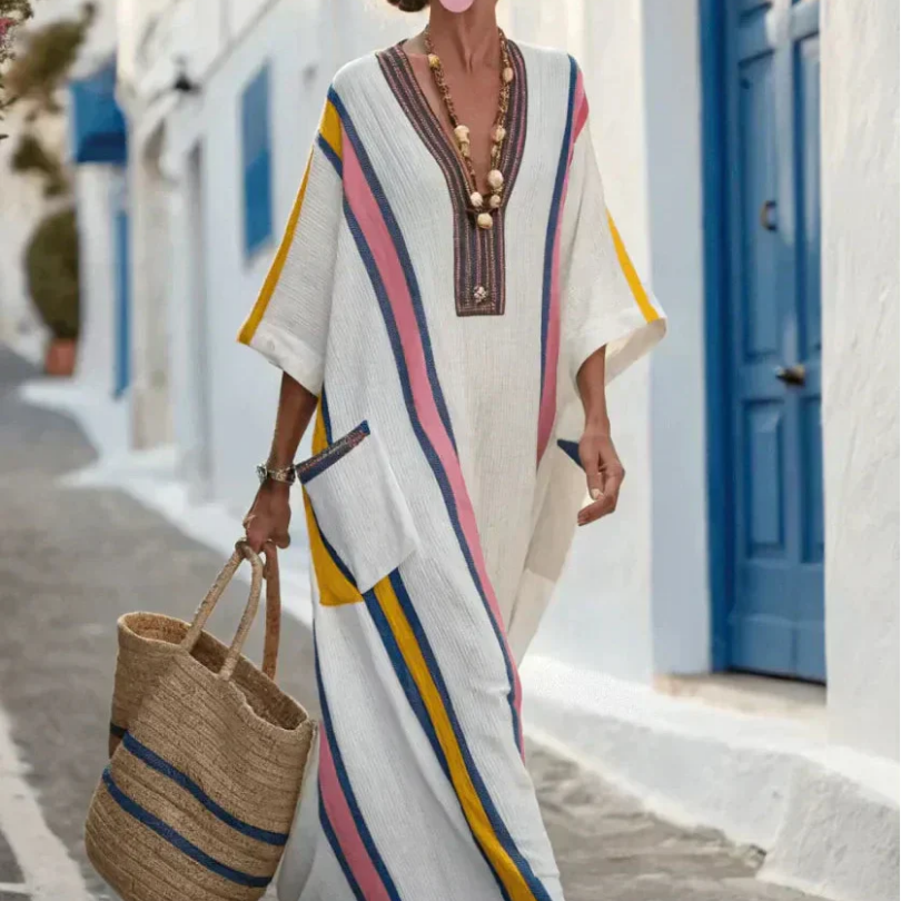 Women's Contrast Trim V-Neck Maxi Dress with Pockets