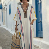 Women's Contrast Trim V-Neck Maxi Dress with Pockets
